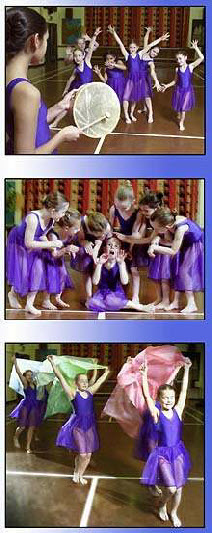 Three images of young dancers in purple performing Natural Movement